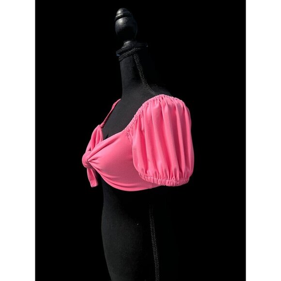 Susana Monaco Pink Short Sleeve Tie-Front Crop Top, Ballon Sleeve, Summer, beach - Picture 3 of 7